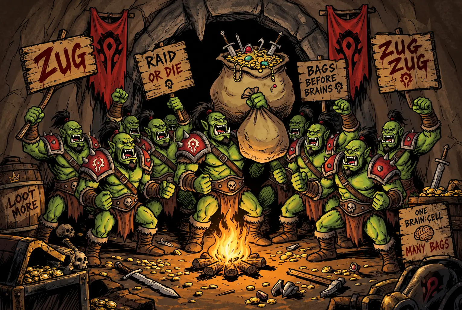 A horde of green raiders around a campfire with loot bags, wooden signs, and red Horde banners